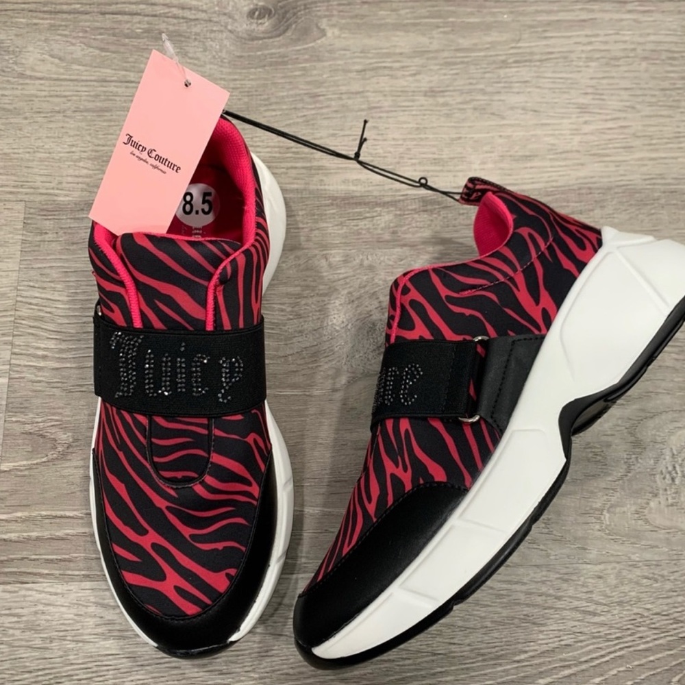 NWT Juicy Couture Pink Zebra Athletic Sneakers Shoes Black Strap